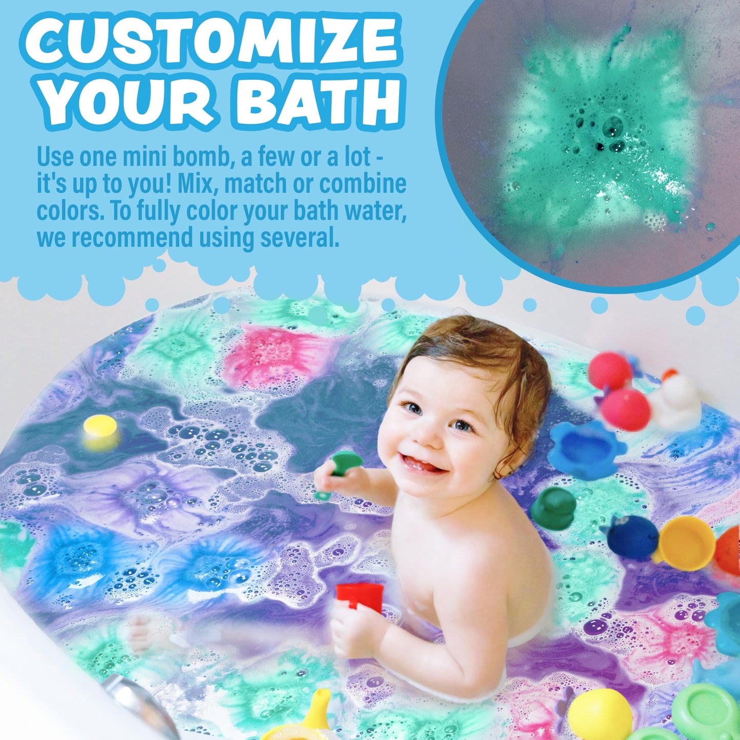 Tub Works® Lil' Bursts™ Mini Bath Bombs for Kids, 90 Count, Rainbow | Nontoxic | Tiny Kids Bath Bombs with A Burst of Color, Foam & Bubbles | Customize Toddler Bath with 7 Colors | Make Bathtub Art