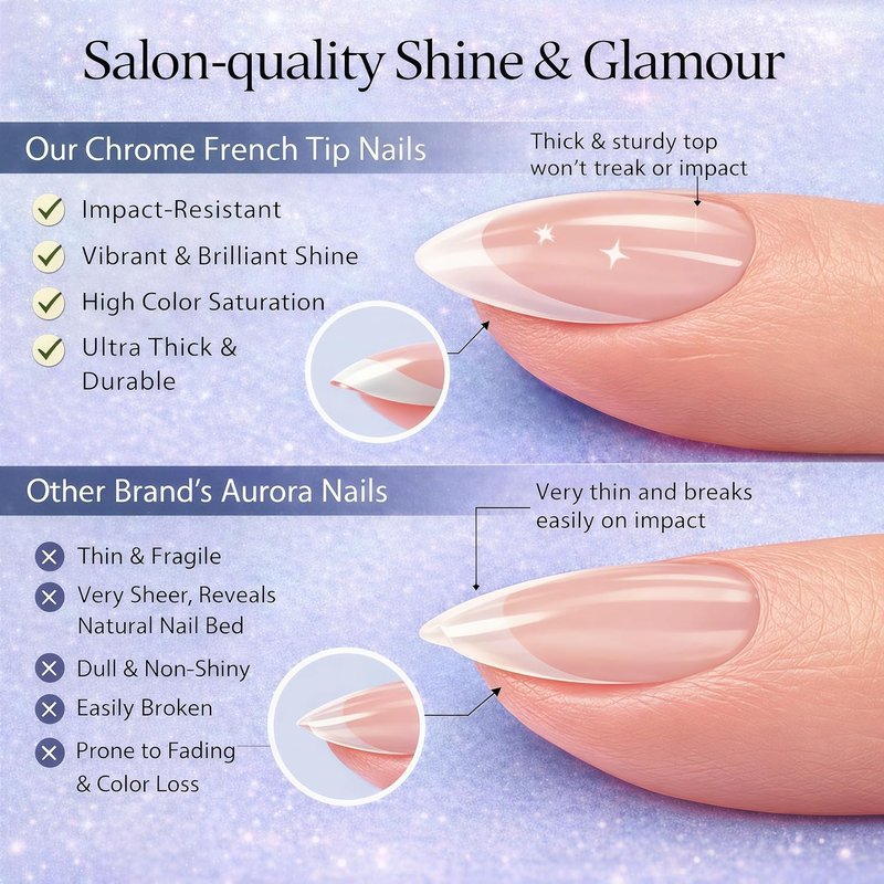 Press-On Nails - Chrome Black French Tip Short Almond | Shiny Soft Gel with Glazed Sparkle Finish, 30 Pcs