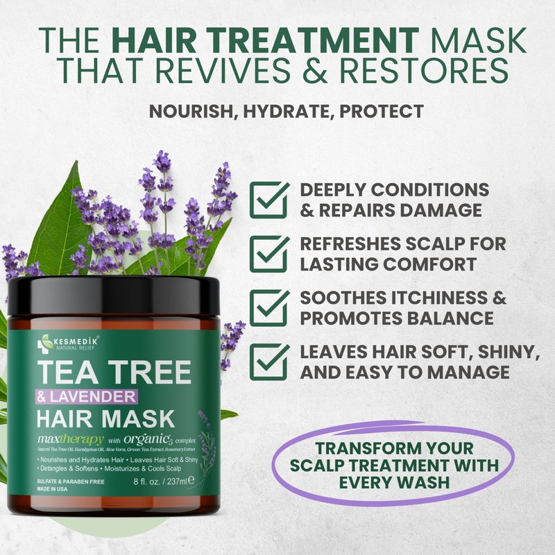 KESMEDIK Tea Tree Hair Mask with Rosemary & Lavender, Deep Conditioning Treatment for Dry, Damaged, Coarse Hair, Hydrating Hair Mask with Itchy Scalp Relief, Men & Women, Sulfate-Free