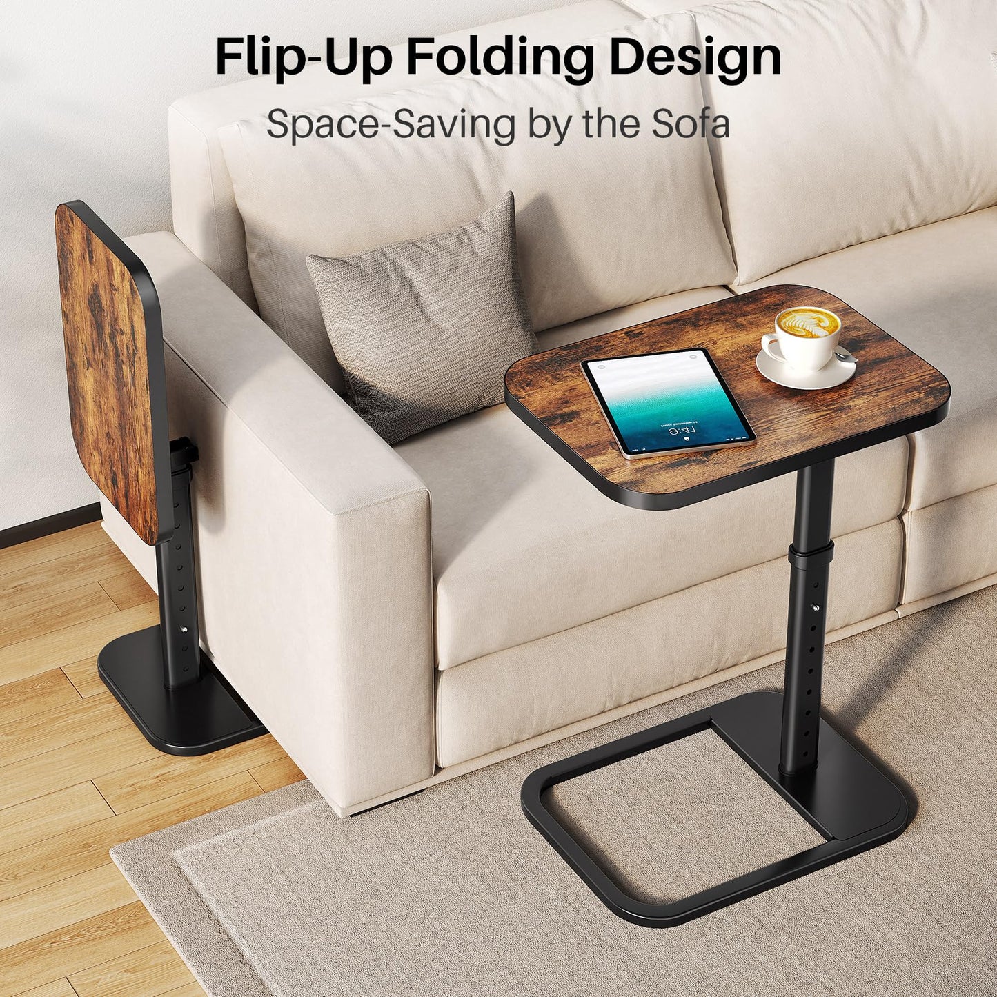 Branwick Adjustable Height TV Tray Table for Couch Eating & Small Spaces, Flip-Top Sofa Side Table with Safe Rounded Corners for Living Room, Bedroom & Apartment, Portable Laptop Snack Table, Brown