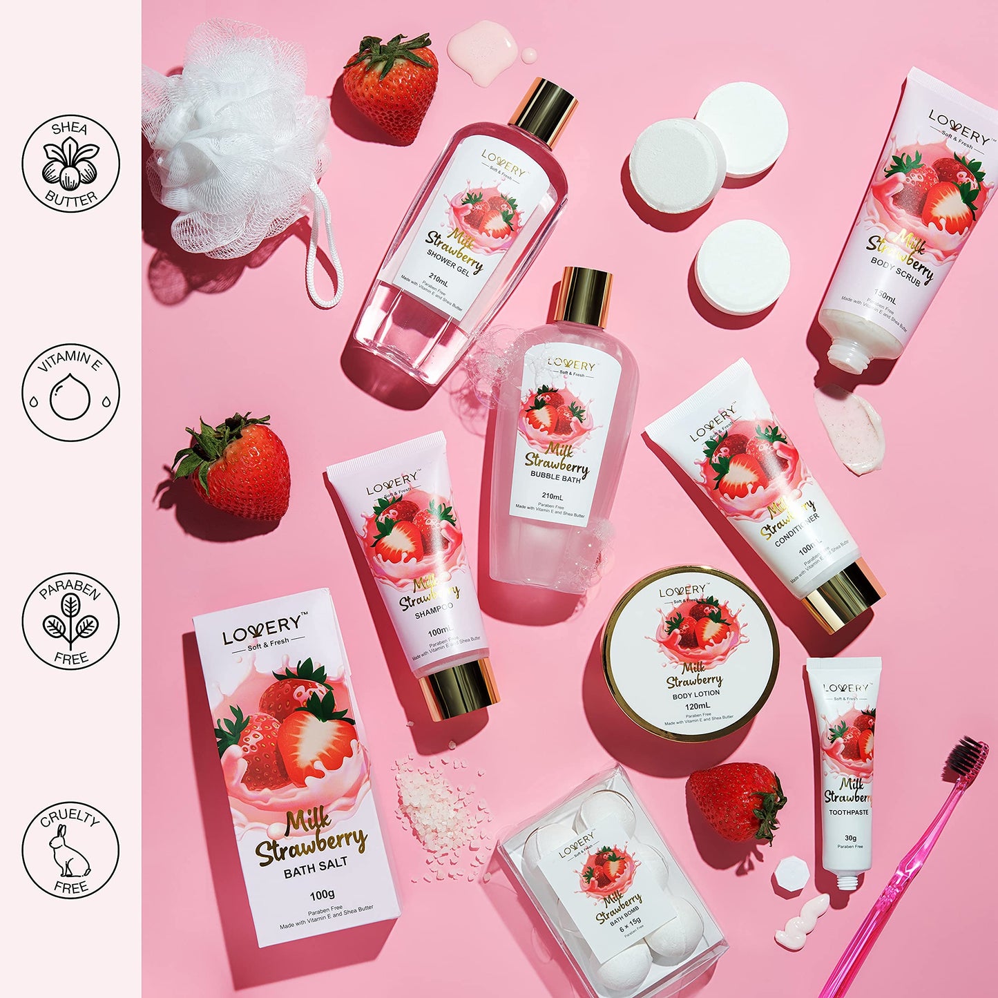 Home Spa Kit Birthday Gift Set – Strawberry Milk Bath Set, 25Pcs Shower Gel, Body Lotion, Shower Steamers, Shampoo, Tooth Paste & Brush in a Leather Tote Bag, Luxury Bath & Shower Package for Women