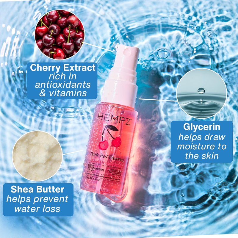 Hempz Cherry Hydrating Mist Spray - Lightweight Moisturizer with Dark Red Cherry Fragrance | Travel Size 1 fl. oz.