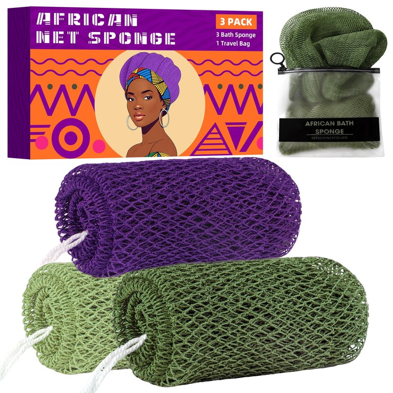 African Net Sponge Authentic, 3 Pieces Exfoliating Scrubber Bath Sponge for All Skin Types, Back Scrubber Loofah Washcloth for Shower, Gentle Exfoliation (Dark Green,Light Green,Purple)