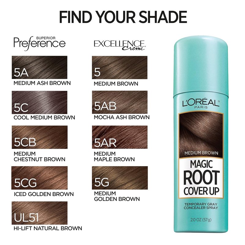 L'Oreal Paris Magic Root Cover Up - Gray Hair Spray for 100% Coverage | Ammonia-Free, Medium Brown, 2 oz (2 Count)