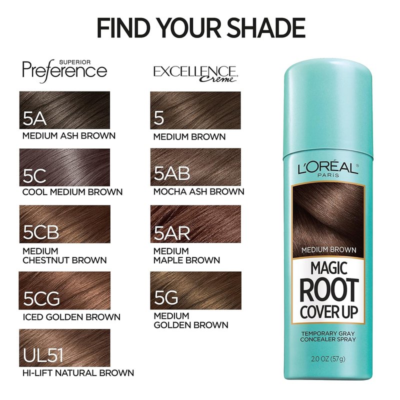 L'Oreal Paris Magic Root Cover Up - Gray Hair Spray for 100% Coverage | Ammonia-Free, Medium Brown, 2 oz
