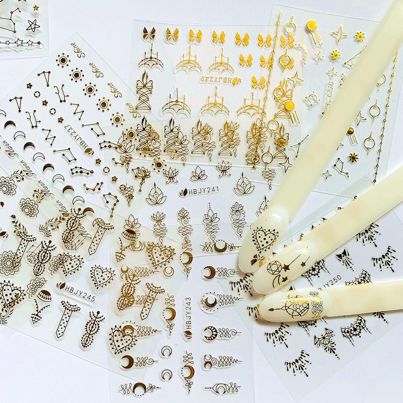 NAIL ANGEL Nail Art Stickers - 24 Sheets of Gold Moon, Star & Flower Designs for Creative Nail Deco