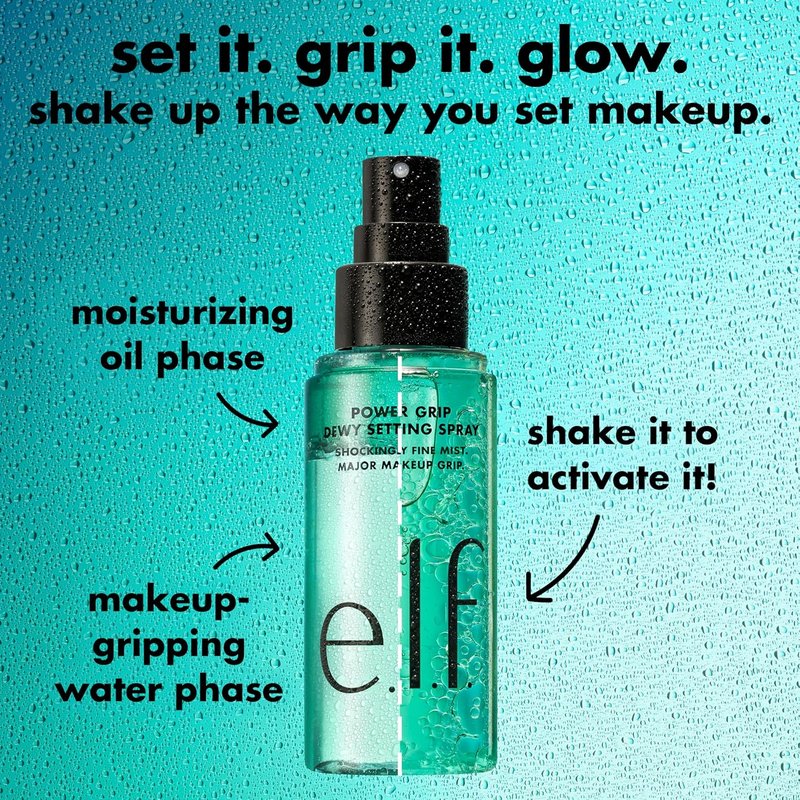 e.l.f. Power Grip Dewy Setting Spray - Ultra-Fine Mist with Hyaluronic Acid for Hydrated, Dewy Finish | Vegan & Cruelty-Free