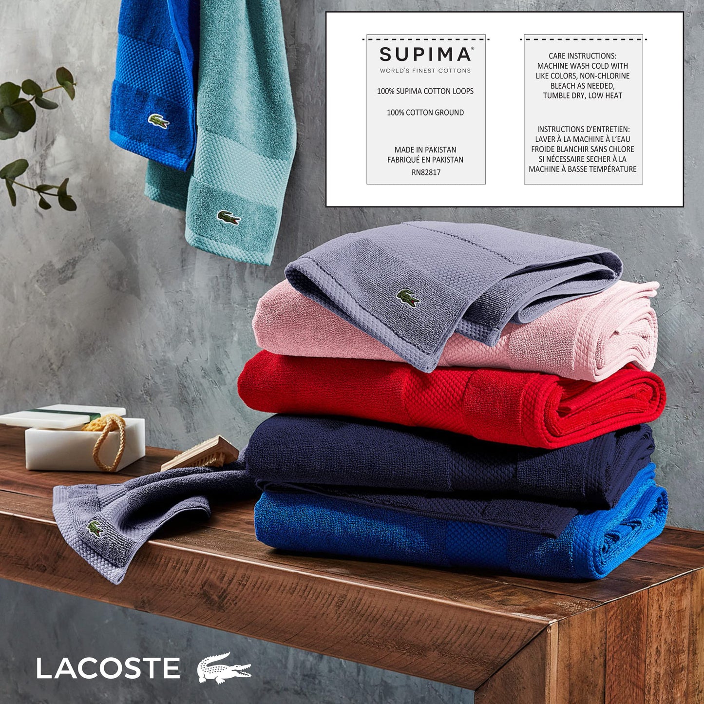 Lacoste Heritage Anti-Microbial Supima Cotton Bath Towel, Magenta, 30" x 54" – Absorbent & Quick Drying, Premium Super Soft Bath Towel, Bathroom Essential, Gift for All Occasions, Machine Washable