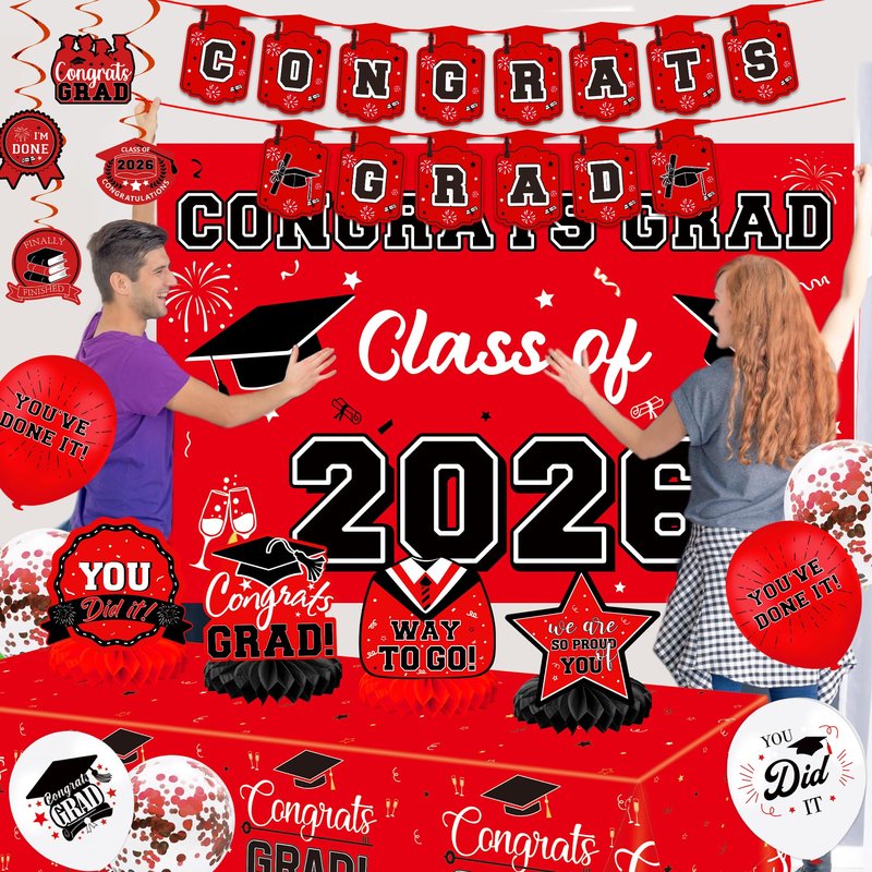 DMIGHT Graduation Decorations 2026, Class of 2026 Backdrop, Banner, 2026 Foil Balloons, Tablecloth, Hanging Swirls, Honeycomb Centerpieces, Party Supplies Decorations Set for College (RED)