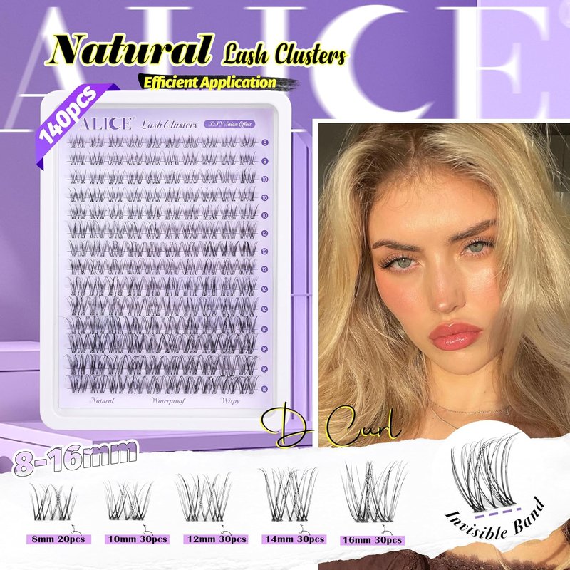 Natural D Curl Eyelash Extensions - Wispy Lash Clusters with Invisible Band | Waterproof 8-16mm DIY Individual Lashes