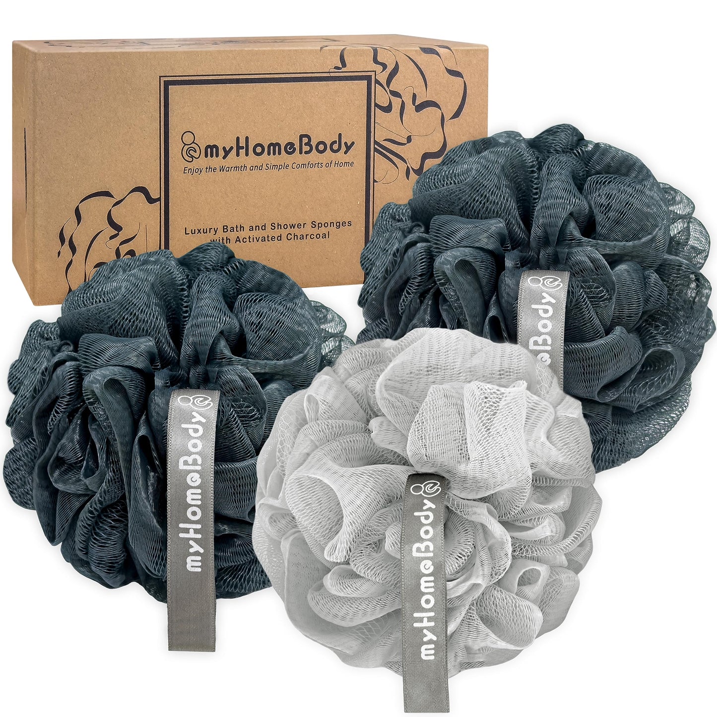 myHomeBody 60g Loofah Sponge, Body Scrubber, Bath Sponge, Loofah for Women, Men, Exfoliating Sponge Shower Pouf with Activated Charcoal – 3 Pack, 2 Midnight Blue + 1 Fog Gray
