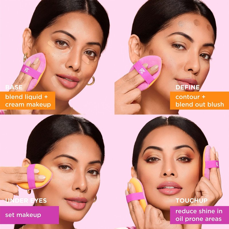Real Techniques Miracle 2-In-1 Powder Puff 2 Pack, Dual-Sided, Full Size Makeup Blending Puff, Reversible Elastic Band, Makeup Sponge & Powder Puff, For Liquid, Cream & Powder Products, Crulety-Free