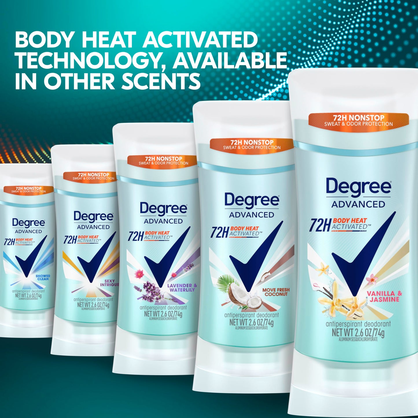 Degree Advanced Protection Antiperspirant Deodorant Vanilla & Jasmine for 72-Hour Sweat & Odor Control for Women, with Body Heat Activated Technology, 2.6 oz (Pack of 2)