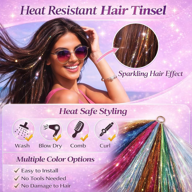 Skiennix Hair Tinsel Kit - 12 Vibrant Colors | 8000 Strands of Heat-Resistant Sparkling Extensions - 48 Inch