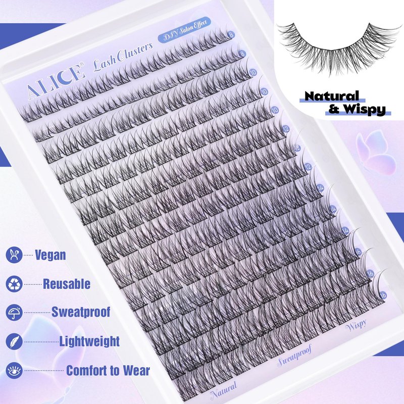Natural Lash Clusters Wispy Cluster Eyelash Extensions 168pcs Individual Lashes 8-16mm C-Curly DIY Lash Extension Natural Look Soft Thin Band Cluster Lashes by ALICE