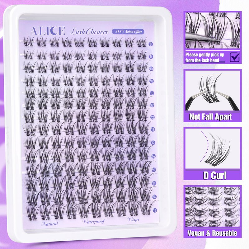ALICE Natural Lash Clusters Lash Extensions Invisible Band Waterproof 8-16mm Cluster Eyelash Extensions Wispy Eyelash Clusters Individual Lashes Cluster Lashes