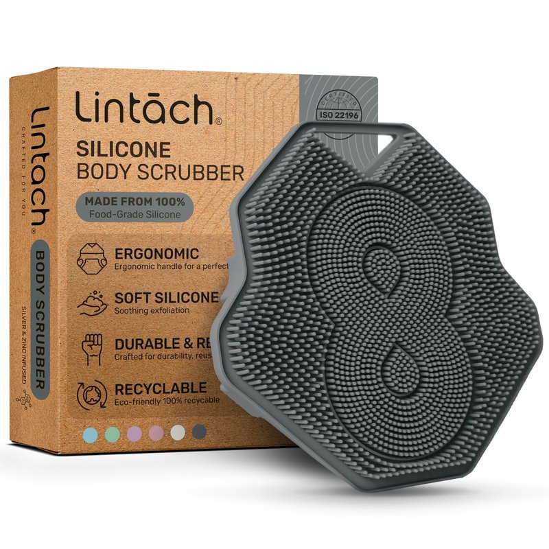 Silicone Shower Scrubber for Body – Exfoliating Loofah Alternative, Zinc & Silver-Infused, Hygienic & Gentle for Sensitive Skin, Durable & Long-Lasting Body Scrubber for Men - Gray