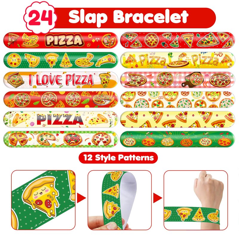 72PCS Pizza Party Set 48PCS Temporary Tattoos 24PCS Slap Bracelets Fun Food Themed Birthday Supplies, Baby Shower Gifts, Classroom Rewards & Party Decor for Kids Boys & Girls