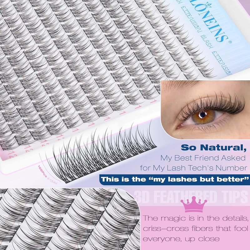 Natural Lash Extension Kit - 168 Pcs Wispy Eyelash Clusters with Bond & Seal Glue | 9-12MM Individual Lashes