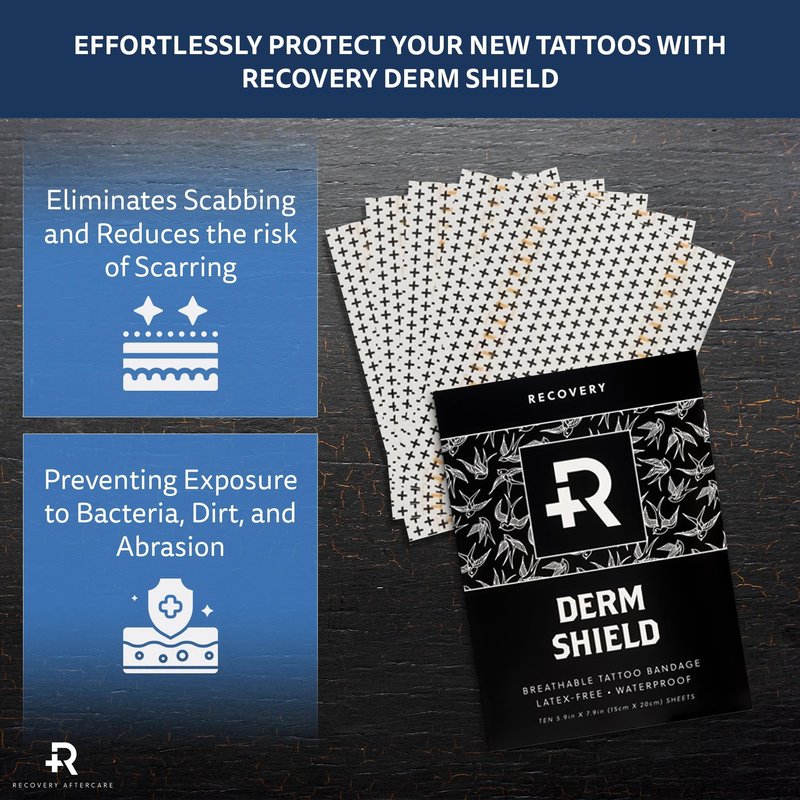 Recovery Aftercare Derm Shield Tattoo Cover Up Patch - Latex-Free & Waterproof Tattoo Aftercare Bandage - Transparent Matte Film - Promotes Healing & Skin Renewal - 5.9 x 7.9 Inches, 10 Pack