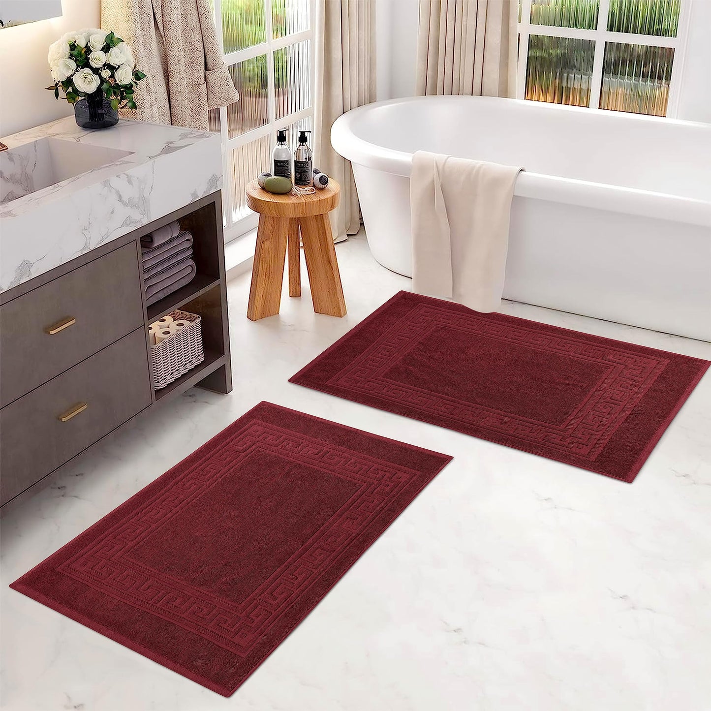 Superior Heavyweight Cotton Bath Mats, 2-Piece Rugs For Bathroom Accessories, Washable Rug For Shower, Toilet, Modern Decor, No Backing, Luxury Hotel And Spa Quality, Set of 2, 22" x 35", Burgundy