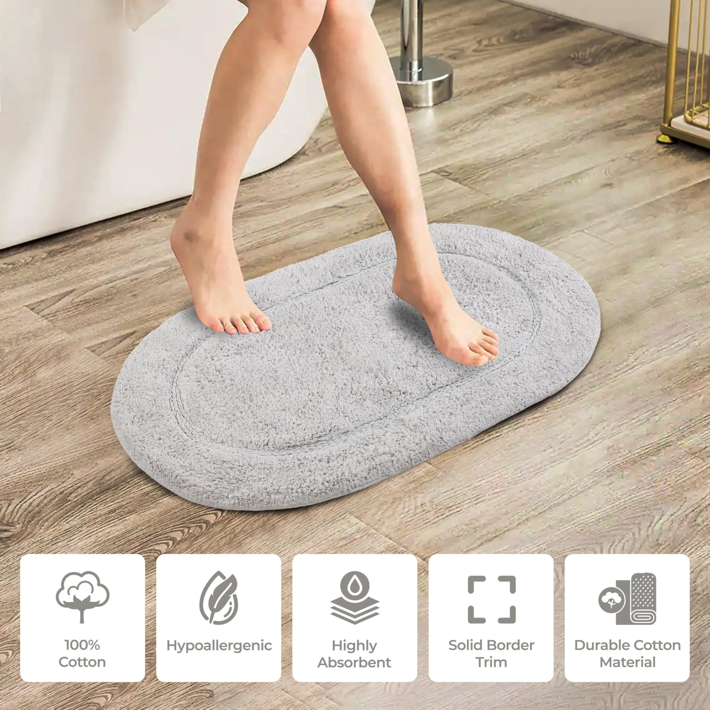 Superior Non-Slip 2 Piece Bath Rug Set, Ultra Plush, Soft and Absorbent 100% Combed Cotton Pile - Traditional Oval Bath Mat Set, Silver