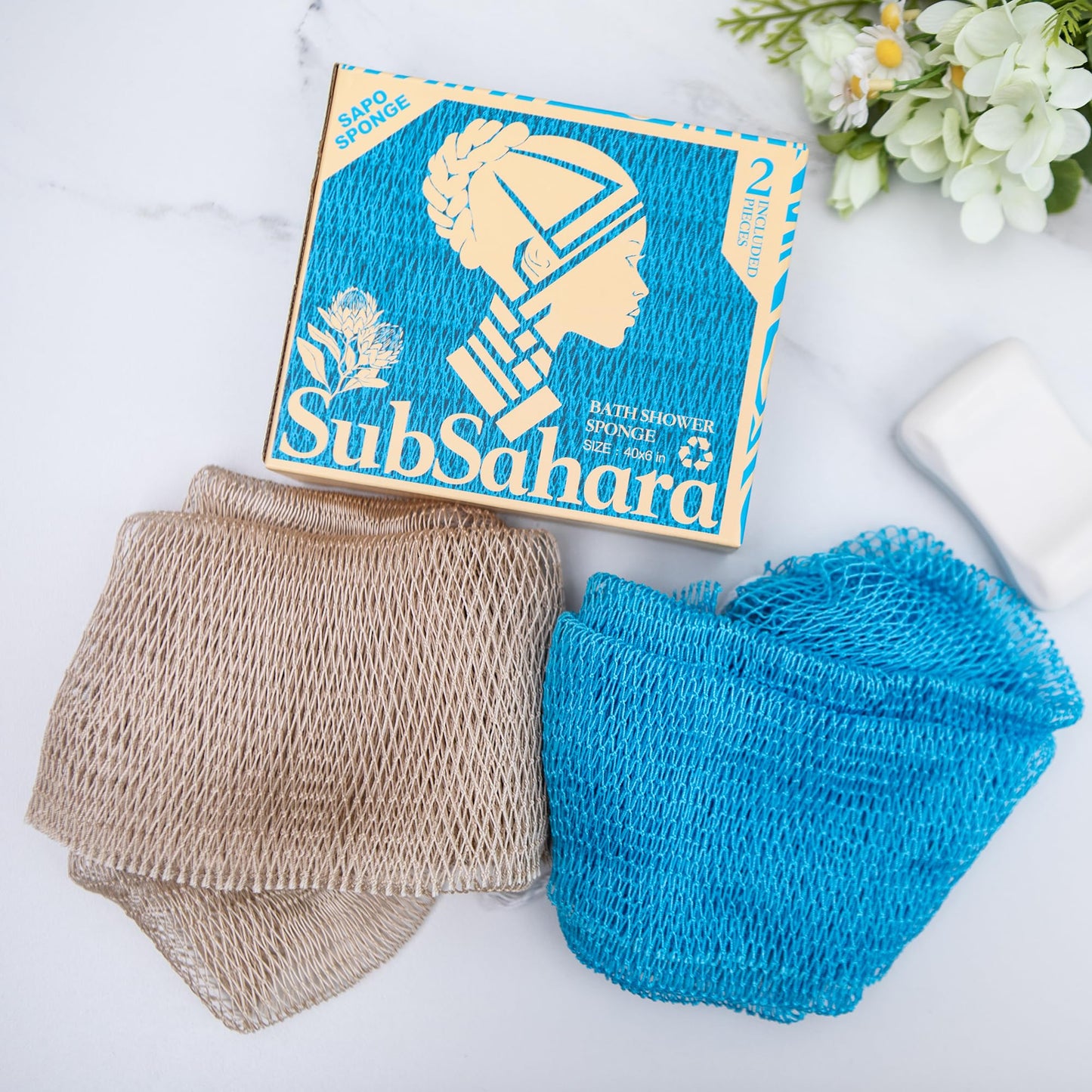 SubSahara Authentic African Net Sponge - 2 Pack Exfoliating Bath & Shower Loofah Sponge for Body & Face, Gentle Scrubber for All Skin Types, Travel, Durable (Linen & Sky Blue)