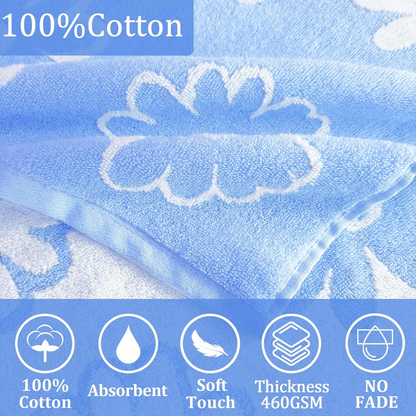 VOOVA & MOVAS Hooded Bath Towels for Teens/Big Kids (8Years Up) | Soft Absorbent 100% Cotton Thick Towel Wrap | Versatile Beach, Pool, Swim & Bath Cover-Up | Jacquard Blue Daisy