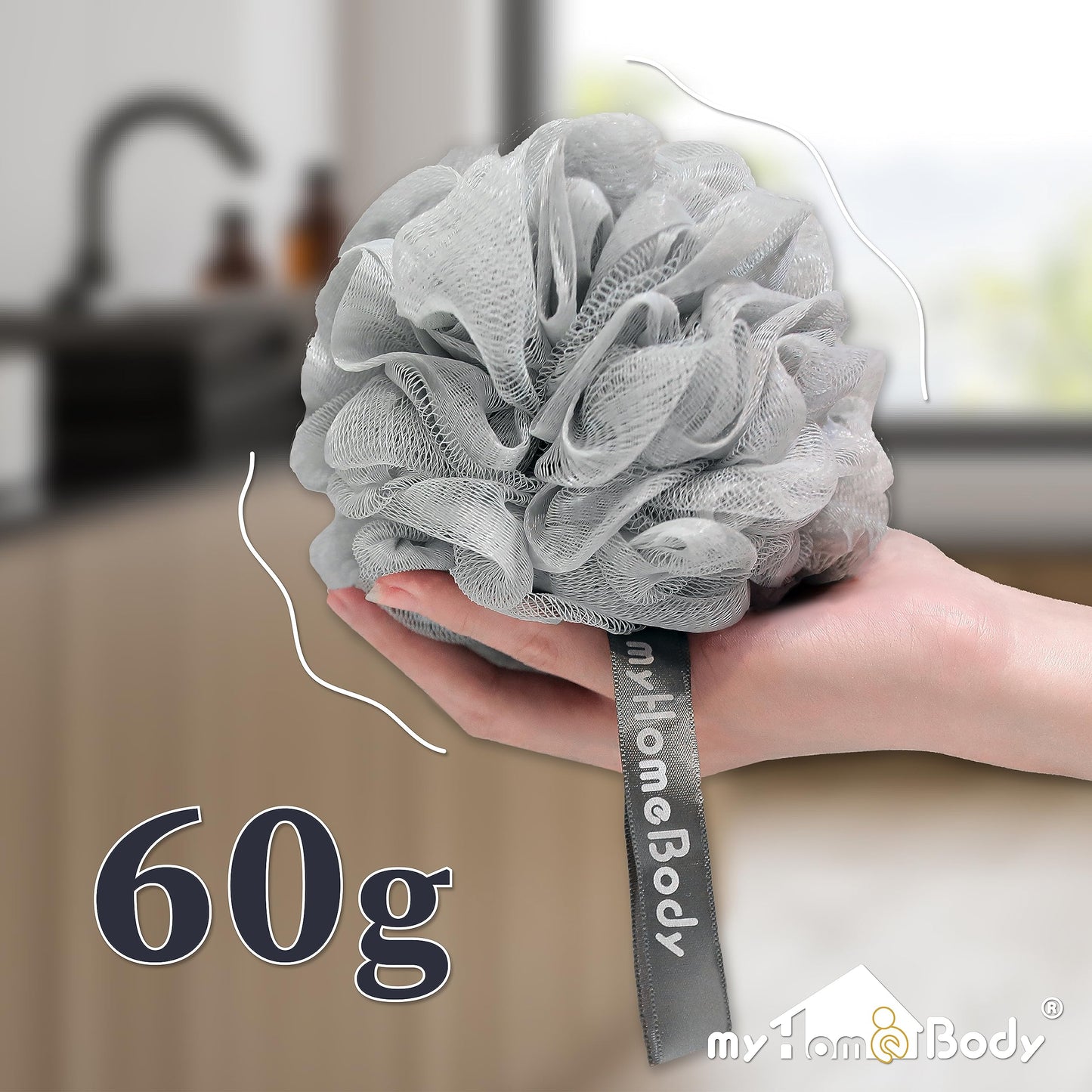 myHomeBody 60g Loofah Sponge, Body Scrubber, Bath Sponge, Loofah for Women, Men, Exfoliating Sponge Shower Pouf with Activated Charcoal – 3 Pack, 2 Midnight Blue + 1 Fog Gray