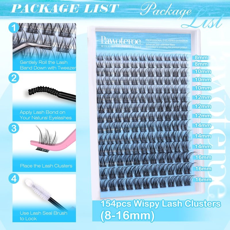 Pawotence Wispy Lash Clusters - Natural Individual Eyelash Extensions | 154pcs, 8-16mm Soft & Comfortable