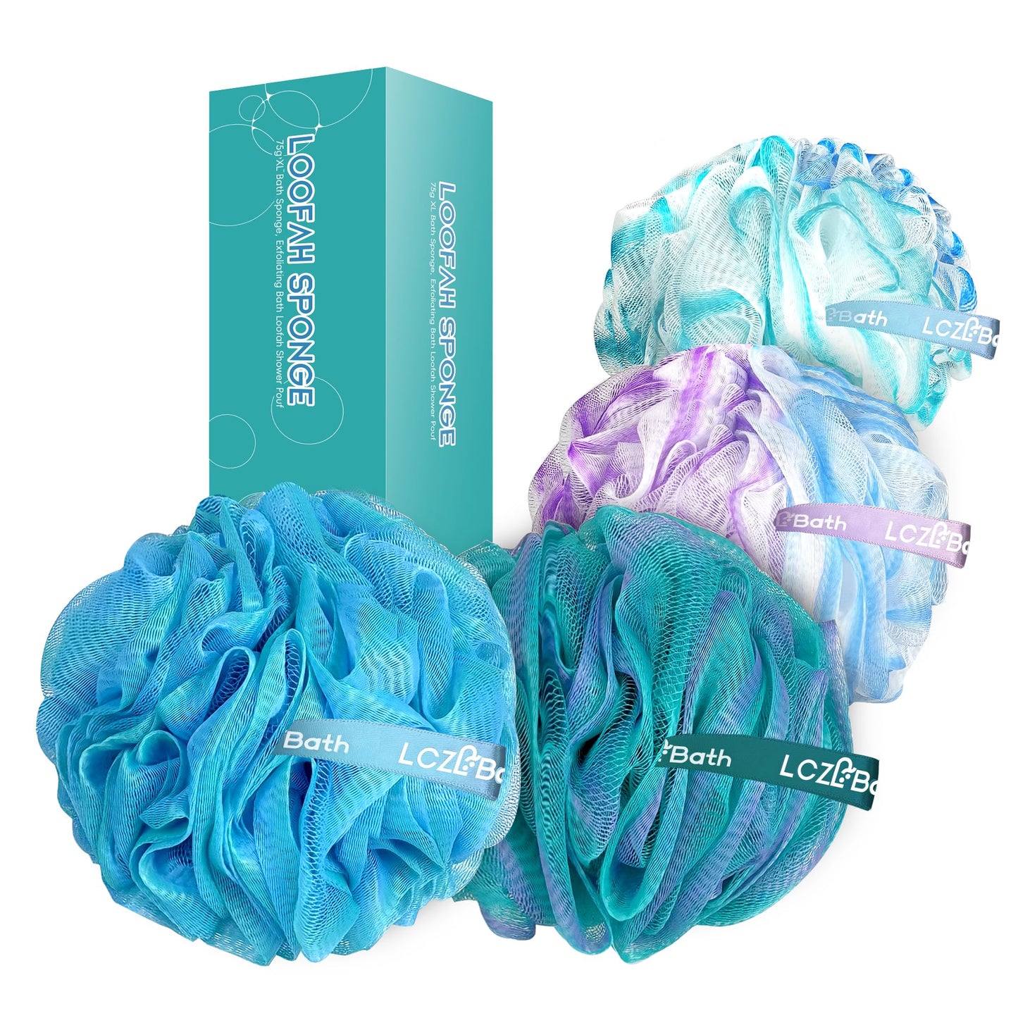 LCZLBath Loofah 4 Pack 75g Extra Large Loofa Set Soft Bath Sponge Thick Body Wash Puffs for Shower (Purple-Blue-Green-Mixed)