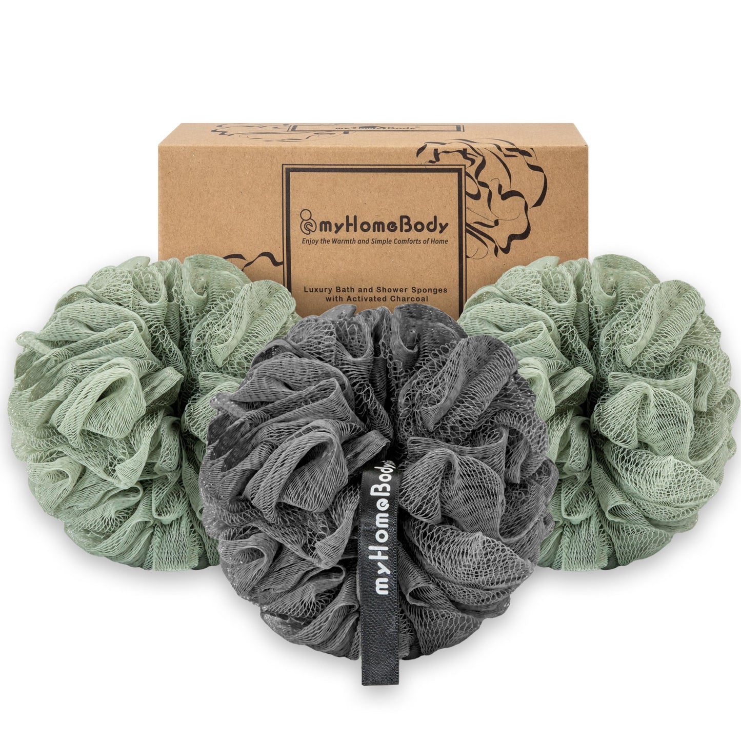 myHomeBody Large 70g Loofah Sponge, Body Scrubber, Bath Sponge, Loofah for Women, Men, Exfoliating Sponge Shower Pouf with Activated Charcoal - 3 Pack, 2 Sage Green + 1 Graphite Gray