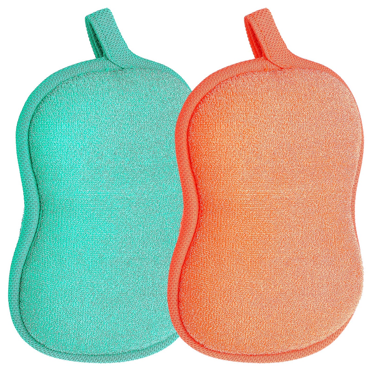 MBAIYO Baby Bath Sponge, 2 Pcs Gourd Shower Cotton Sponge for Softly Bathing Double-Sided Absorbent Loofah Green Orange Reuseable Soft Plantfiber Sponges Hanging Hole Exfoliating Body Women Men