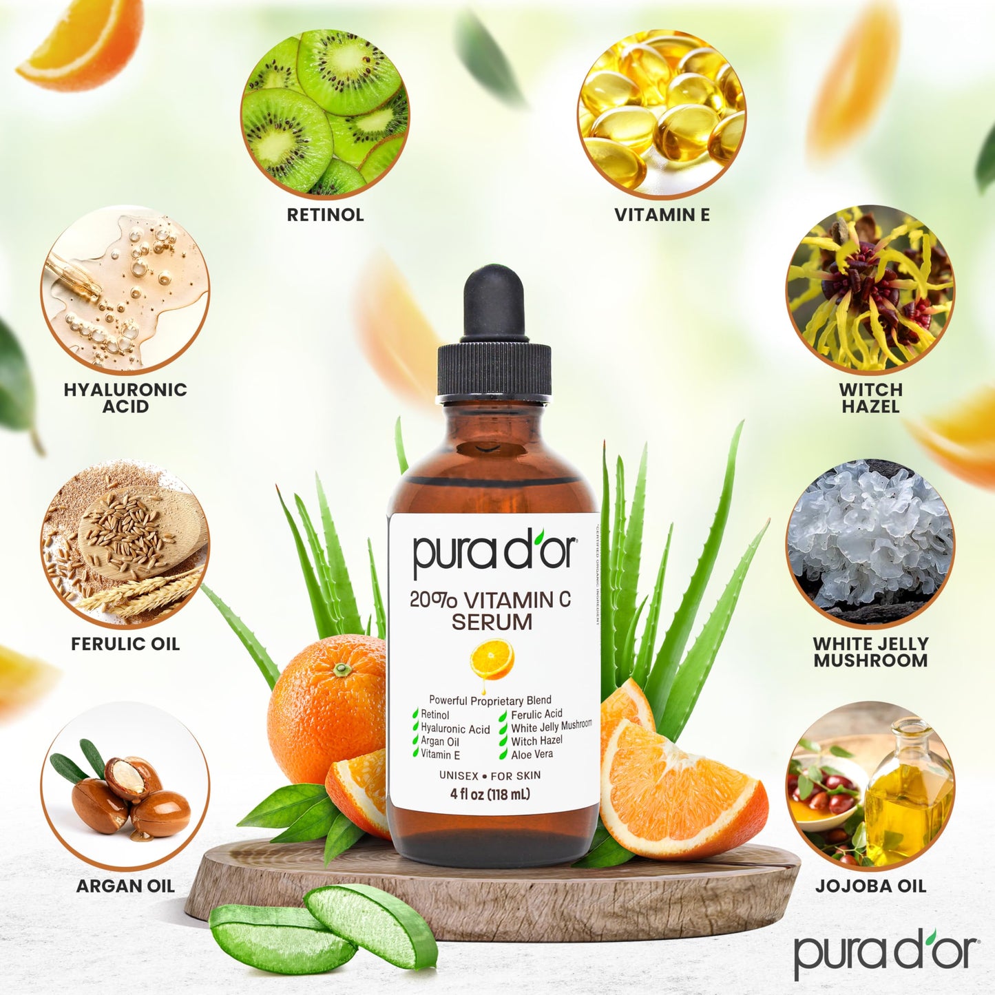 PURA D'OR 20% Vitamin C Facial Serum 4 Oz Antioxidant Anti-Aging Blend w/Retinol, Hyaluronic Acid, Ferulic Acid - Hydrating Lightweight Ayurvedic Skin Care - Men Women Daily Use