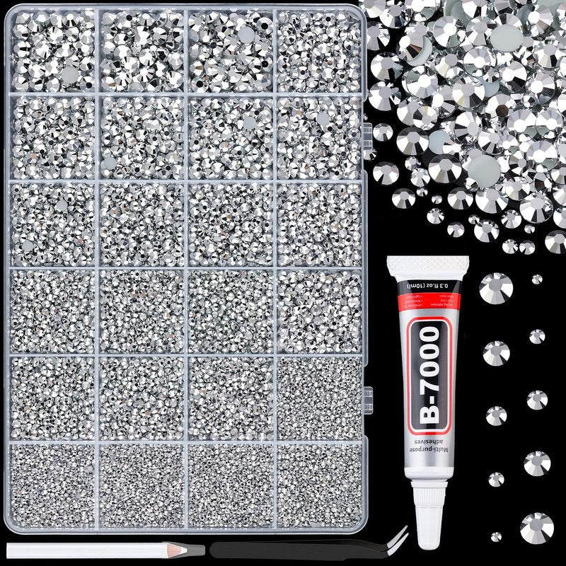 25000Pcs Resin Rhinestones for Crafting, Silver 2-6mm Mixed Sizes Non Hotfix Flatback Gems with 1Pcs Glue, Bedazzling Crystal for DIY Craft Clothing Mugs Tumblers Shoes Fabric Decor Nail Art