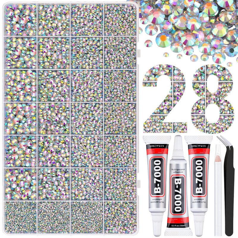 30000Pcs Resin Rhinestones for Bedazzling with Tweezers, Silver Rhinestones for Crafting with 3Pcs 10ml B7000 Jewelry Glue for DIY Crafts Clothing Tumblers Shoes Fabric Nail Art