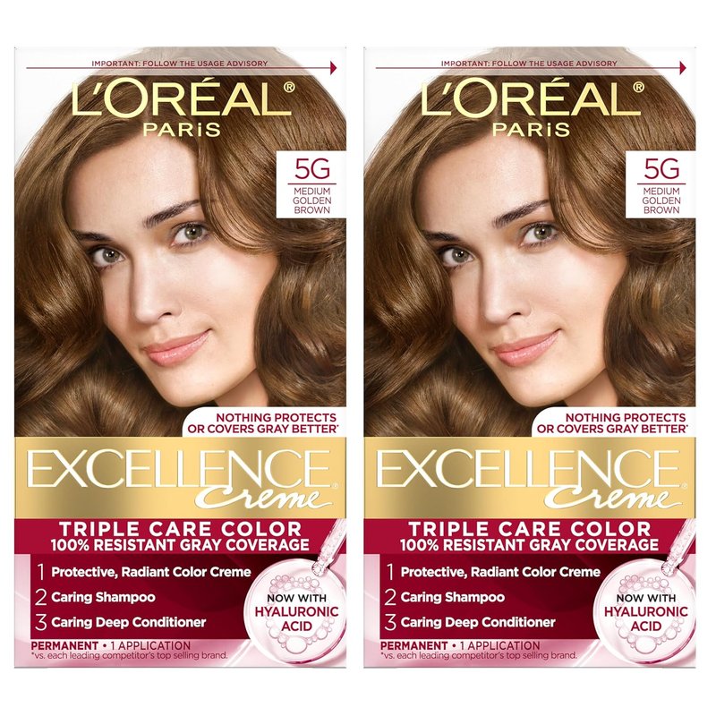 L'Oreal Paris Excellence Crème Permanent Hair Dye, Triple Care Hair Color with Hyaluronic Acid for 100% Gray Coverage, 5G Medium Golden Brown, 1 Kit (Pack of 2) (Packaging May Vary)