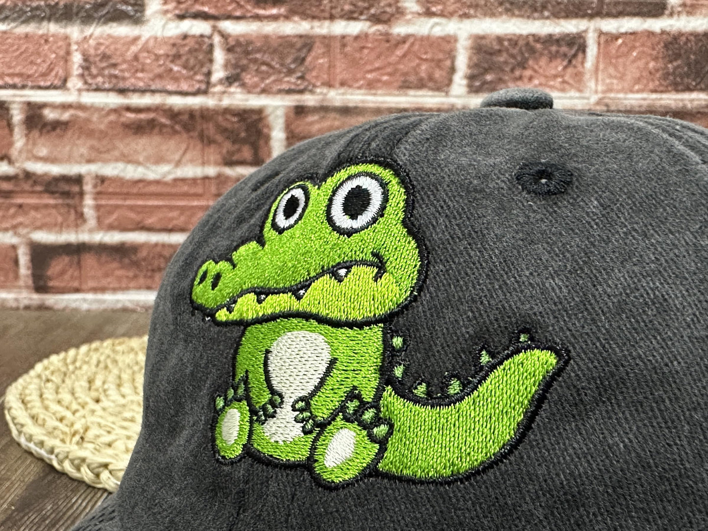 ZKFE Embroidered Alligator Hat for Boy Girl, Washed Black Crocodile Baseball Cap Cotton Dad Hat for for Kids Child