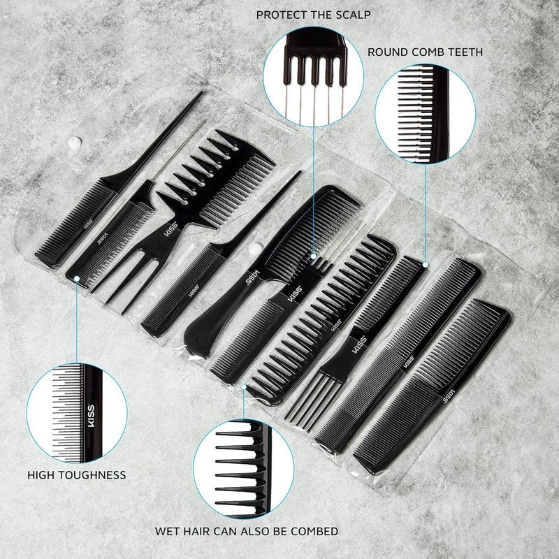 KISS Professional 10-Pc Comb Set | Detangle & Style Assortment for Effortless Hair Care