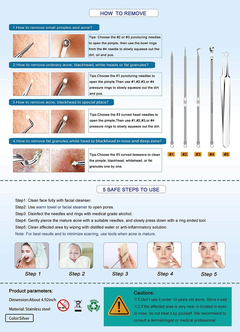 5PCS Blackhead Remover Comedone Extractor, Curved Blackhead Tweezers Kit, Professional Stainless Pimple Acne Blemish Removal Tools Kit for Manual