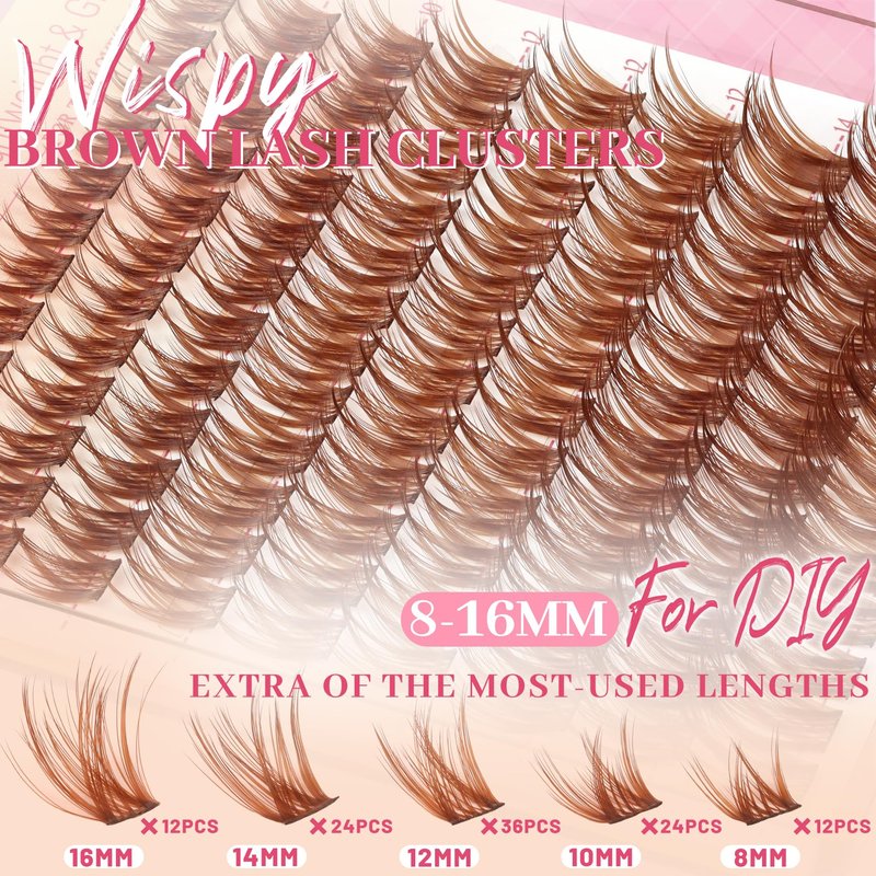 Brown Lashes Clusters Wispy Eyelash Clusters Natural Cluster Eylash Extensions Fluffy Eye Lash Clusters 8-16mm Cluster Eyelashes Soft Lightweight Individual Lashes with Thin Band (Drifter Brown)