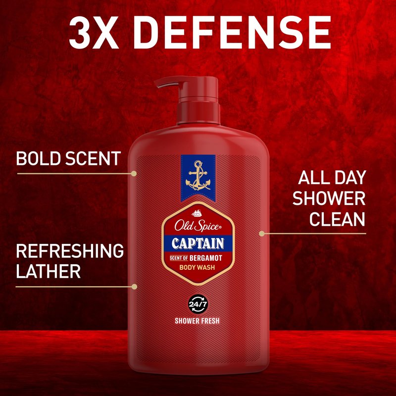 Old Spice Refreshing Body Wash for Men, 3X Defense, 24/7 Shower Fresh with Long Lasting Scent, Red Collection, Captain with Bergamot Scent, 33.4 oz