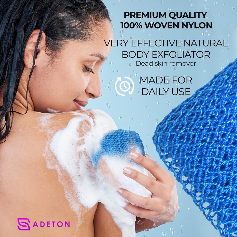 Adeton African Net Sponge, Exfoliating Body Scrubber, Body Exfoliator, Long Net Sponge, 17 Colors, Sapo, Shower Bath Accessories, Back Foot Scalp Scrub, Flat Dead Skin Remover Body Wash (Sky Blue)