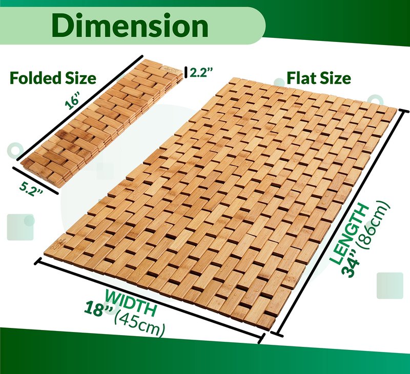 Bamboo Bath Mat - Foldable, 34x18-Inch Wood Bathmat for Bathroom Sauna Spa Door Kitchen Floor and Countertops - Modern Farmhouse Decor Accessory