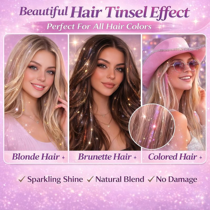 Skiennix Hair Tinsel Kit - 12 Vibrant Colors | 8000 Strands of Heat-Resistant Sparkling Extensions - 48 Inch
