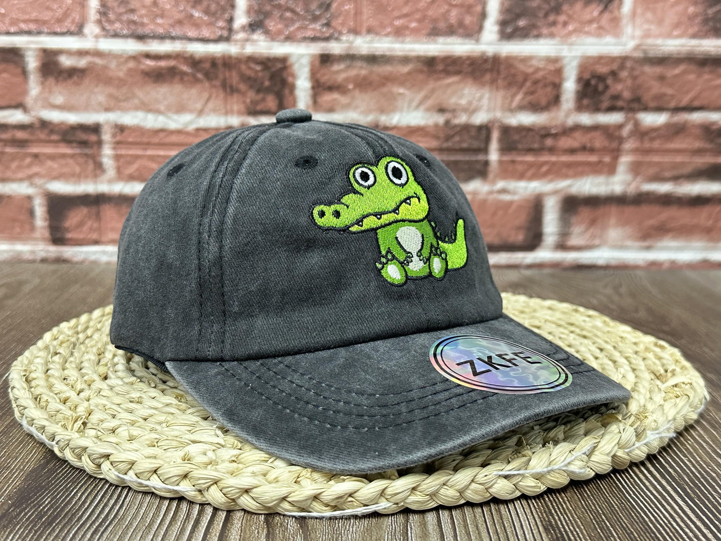 ZKFE Embroidered Alligator Hat for Boy Girl, Washed Black Crocodile Baseball Cap Cotton Dad Hat for for Kids Child