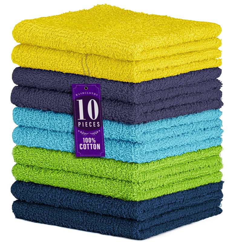DecorRack 10 Pack 100% Cotton Wash Cloth, Luxurious Soft, 12 x 12 inch Ultra Absorbent, Machine Washable Washcloths, Assorted Set 3 (10 Pack)