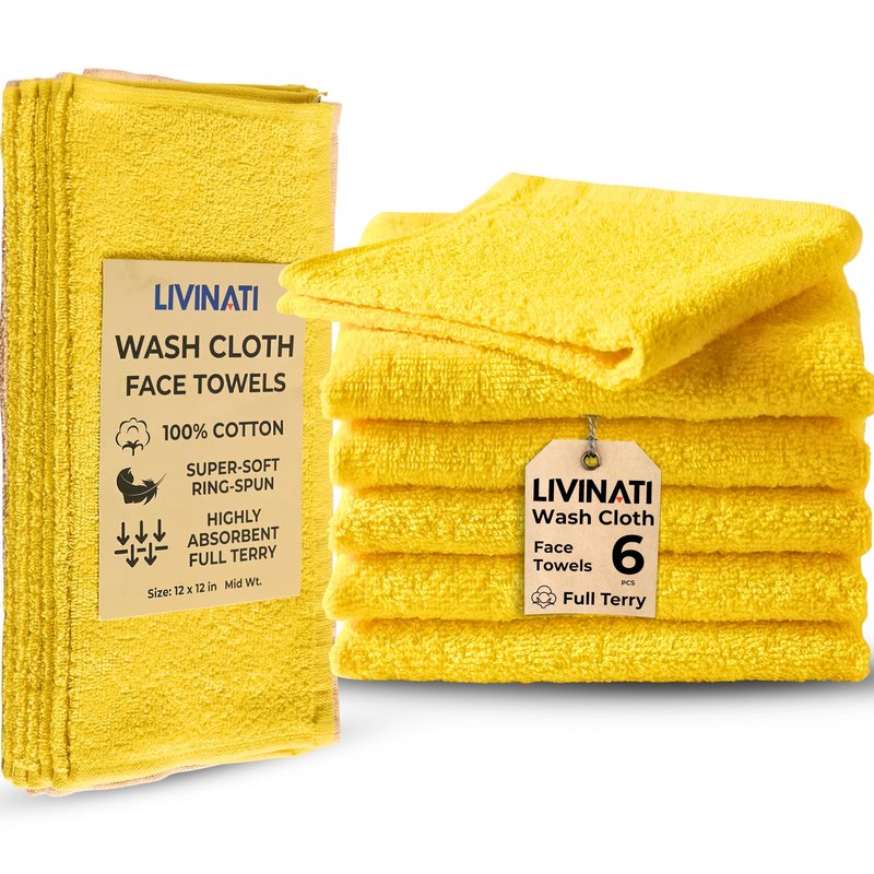 LIVINATI Yellow 100% Cotton Wash Cloths for Showering Body and Face - 12"X12" 6 Pack Washcloths - Small Terry Towel Bath Rags for Adults and Kids Bathroom - Soft Absorbent