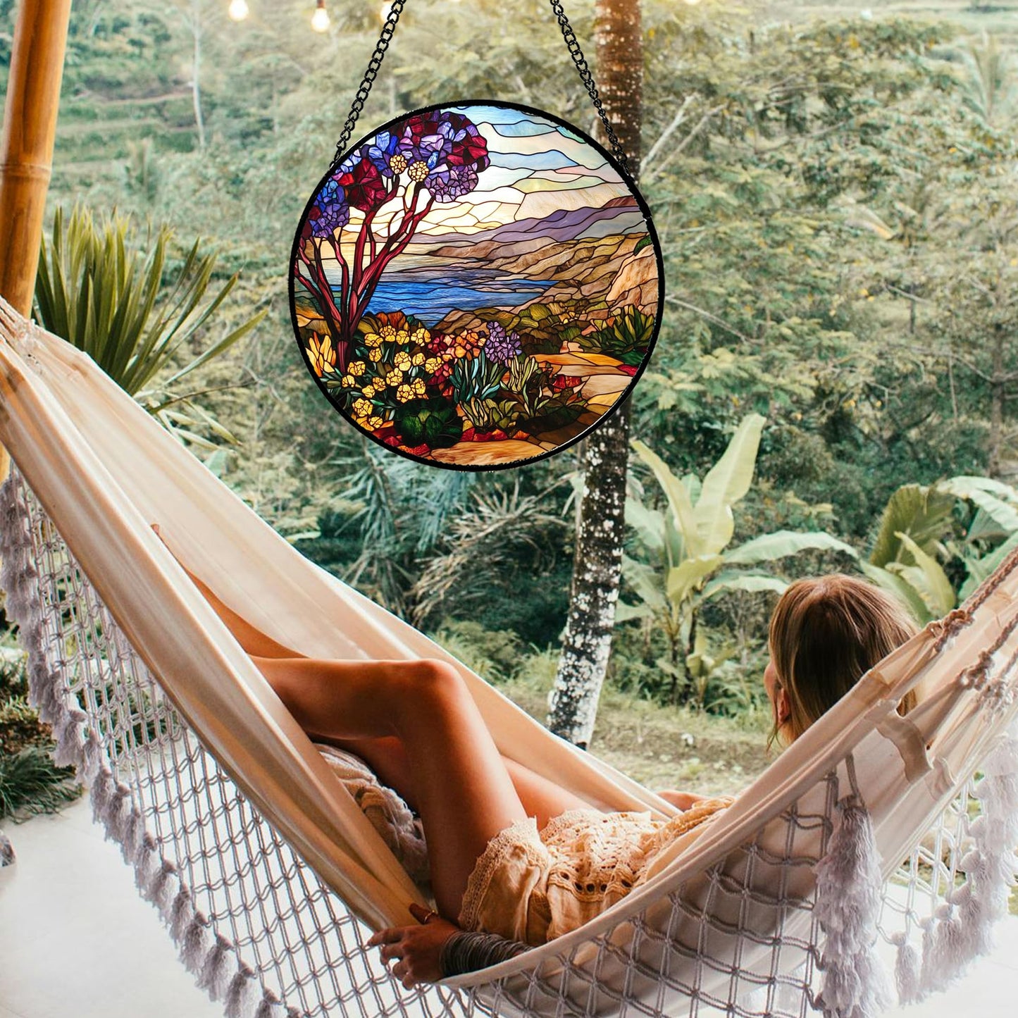QZQCBLC Stained Glass Window Hanging Retro Wildflowers Lake Mountain Scenery 6.3" - Suncatcher Door Garden Sun Catcher Home Decor Birthday Christmas for Mom Men Woman Friend