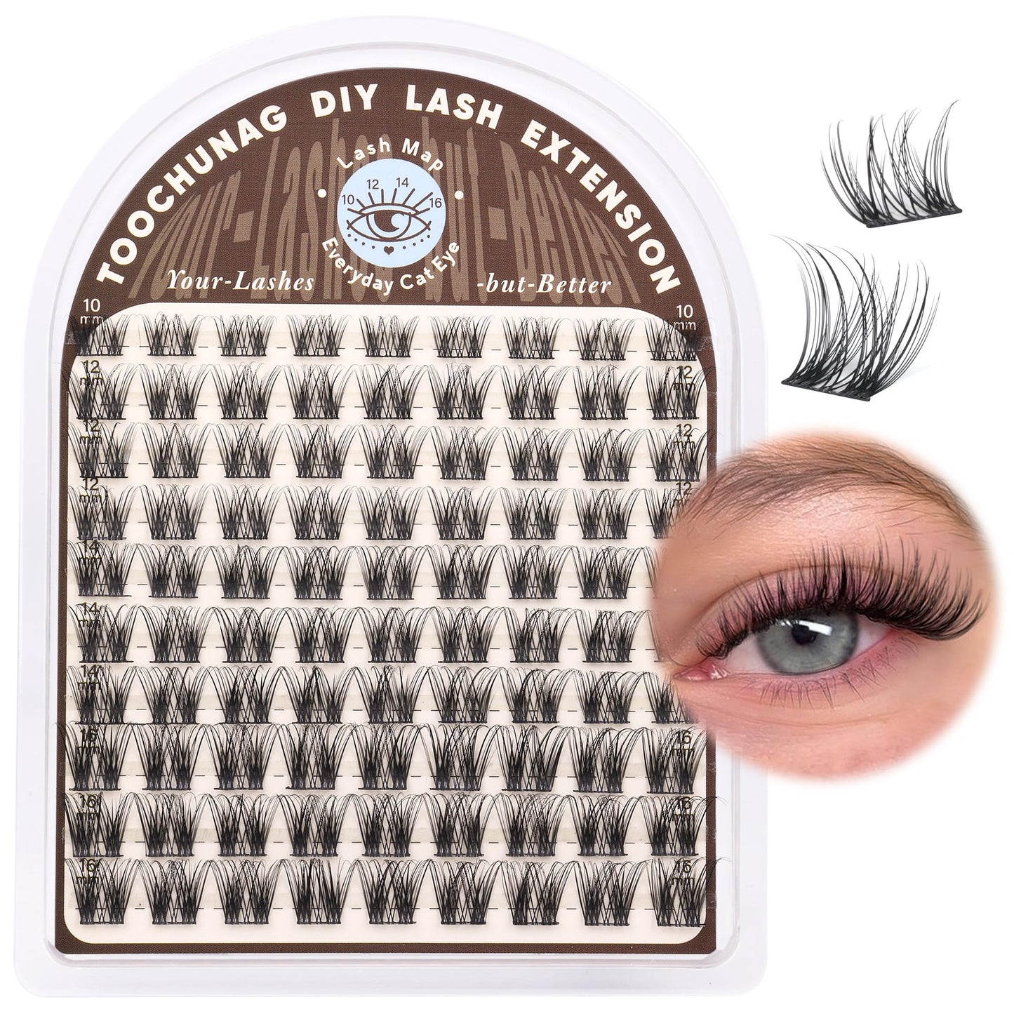 TOOCHUNAG Natural Lash Clusters Wispy Eyelash Clusters D Curly Volume Individual Lashes 10-16MM Cluster Eyelash Extensions DIY Lash Extension Thin Band Soft False Lashes Clusters